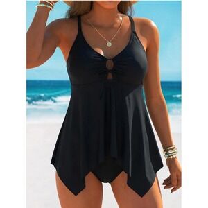 Firpearl‎ Womens Black Tankini Cross Back Long Flowy Swim Top Only Size 16 NWOT